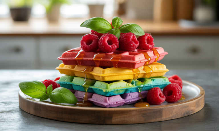 découvrez notre recette de gaufres arc-en-ciel à la framboise et au basilic, une délicieuse création alliant couleurs vibrantes et saveurs audacieuses. parfaites pour un brunch original ou un dessert festif, ces gaufres vous émerveilleront par leur gourmandise et leur esthétique. laissez-vous tenter par l'association surprenante de la framboise sucrée et du basilic frais pour une expérience culinaire unique !