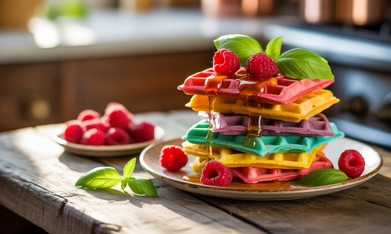 savourez des gaufres arc-en-ciel originales avec une touche de framboise et de basilic. découvrez cette recette gourmande, simple et colorée pour égayer vos petits-déjeuners ou goûters!