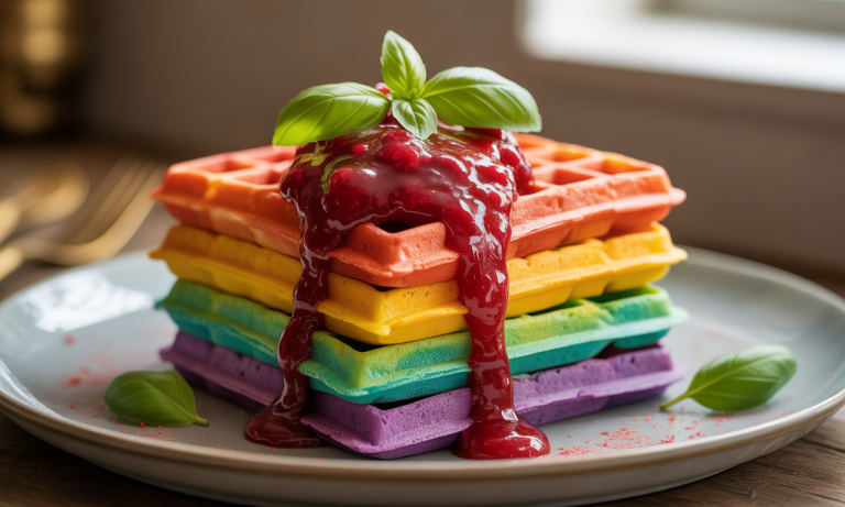 laissez-vous tenter par notre recette de gaufres arc-en-ciel, sublimées par la douceur des framboises et la fraîcheur du basilic. une gourmandise originale et colorée à essayer d'urgence !